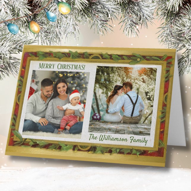 Tarjeta Festiva Elegant Photo Collage Gold Red Green Name (Subido por el creador)