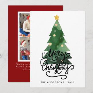 Tarjeta Festiva Elegant Pine Tree Christmas Family 2 Photo Holida