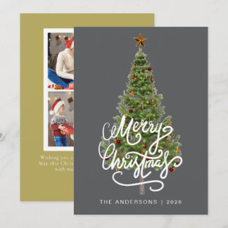 Tarjeta Festiva Elegant Pine Tree Christmas Family 2 Photo Holida