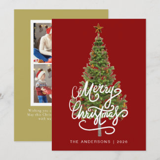 Tarjeta Festiva Elegant Pine Tree Christmas Family 2 Photo Holida