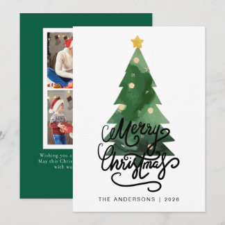 Tarjeta Festiva Elegant Pine Tree Christmas Family 2 Photo Holida