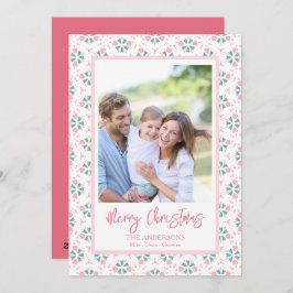 Tarjeta Festiva Elegant Pink Family Photo Pattern Script Christmas
