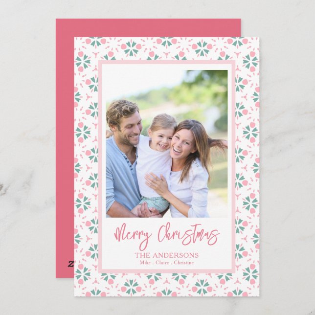 Tarjeta Festiva Elegant Pink Family Photo Pattern Script Christmas (Anverso / Reverso)