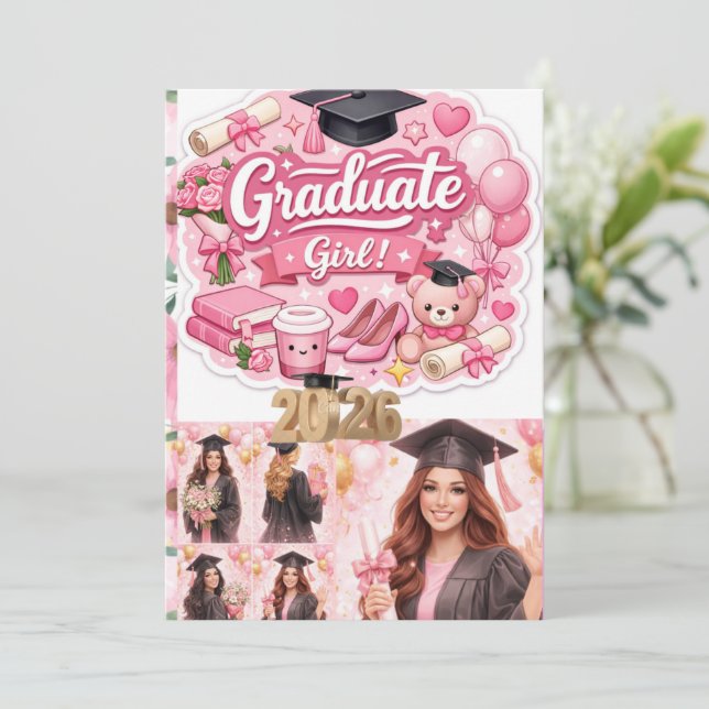 Tarjeta Festiva Elegant Pink Floral Graduation Party baner (Anverso de pie)
