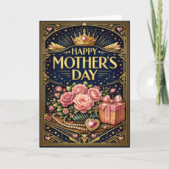 Tarjeta Festiva Elegant Pink Rose Art Deco Mothers Day (Anverso)
