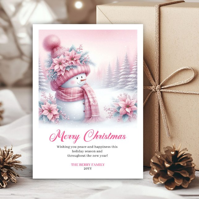 Tarjeta Festiva Elegant Pink Snowman Kids Editable Christmas Card (Sparkly pink coquette snowman kids card, editable)