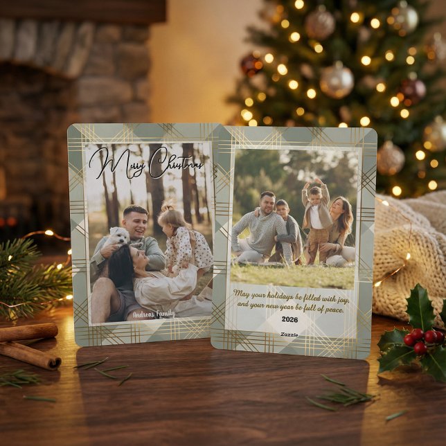 Tarjeta Festiva Elegant Plaid Christmas Card with Family Photo (Subido por el creador)