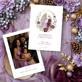 Tarjeta Festiva Elegant Plum Holy Nativity Family Christmas Photo 