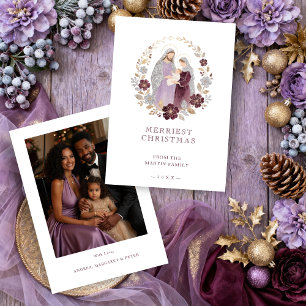 Tarjeta Festiva Elegant Plum Holy Nativity Family Christmas Photo 