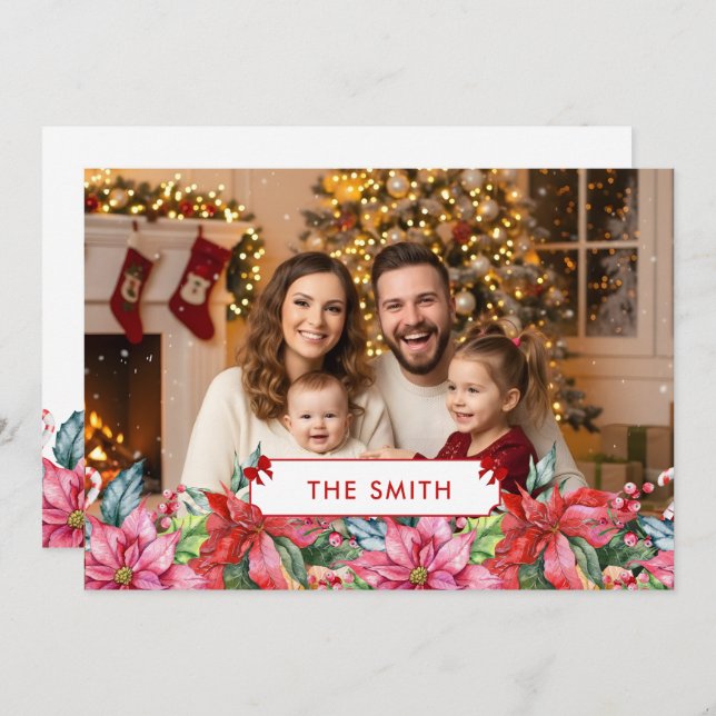 Tarjeta Festiva Elegant Poinsettia Floral Border Custom Photo  (Anverso / Reverso)