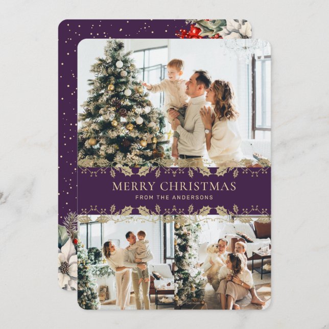Tarjeta Festiva Elegant Purple Gold Botanical Photo Christmas Card (Anverso / Reverso)