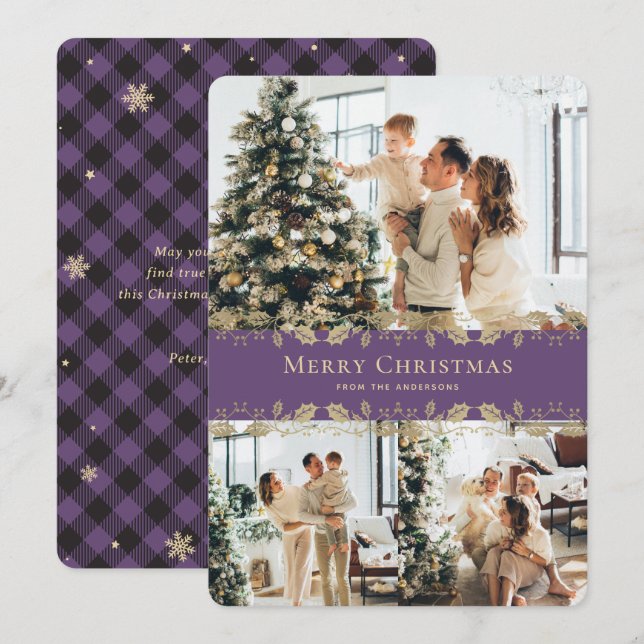 Tarjeta Festiva Elegant Purple Gold Buffalo Plaid Photo Christmas  (Anverso / Reverso)