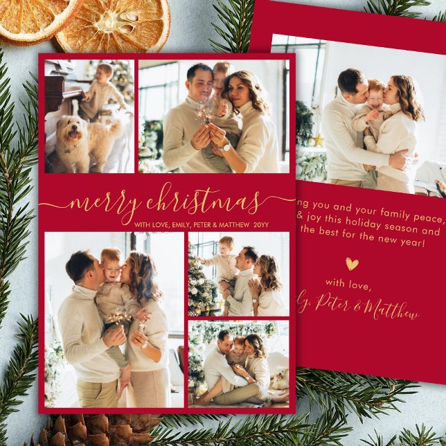Tarjeta Festiva Elegant Red and Gold Script 5 Photo Christmas (Subido por el creador)