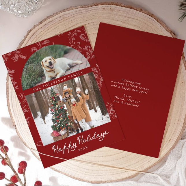 Tarjeta Festiva Elegant Red Arch Family Photo Christmas (Elegant red and white vintage arch photo Christmas Cards with room for pet photo and message on back)