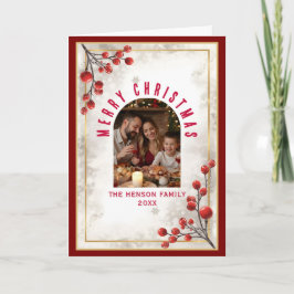 Tarjeta Festiva Elegant Red Berries Family Photo Christmas Holiday