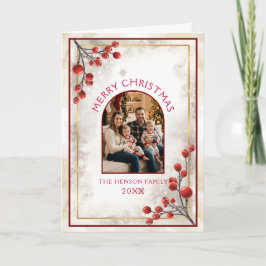 Tarjeta Festiva Elegant Red Berries Family Photo Christmas Holiday