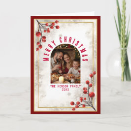 Tarjeta Festiva Elegant Red Berries Family Photo Christmas Holiday