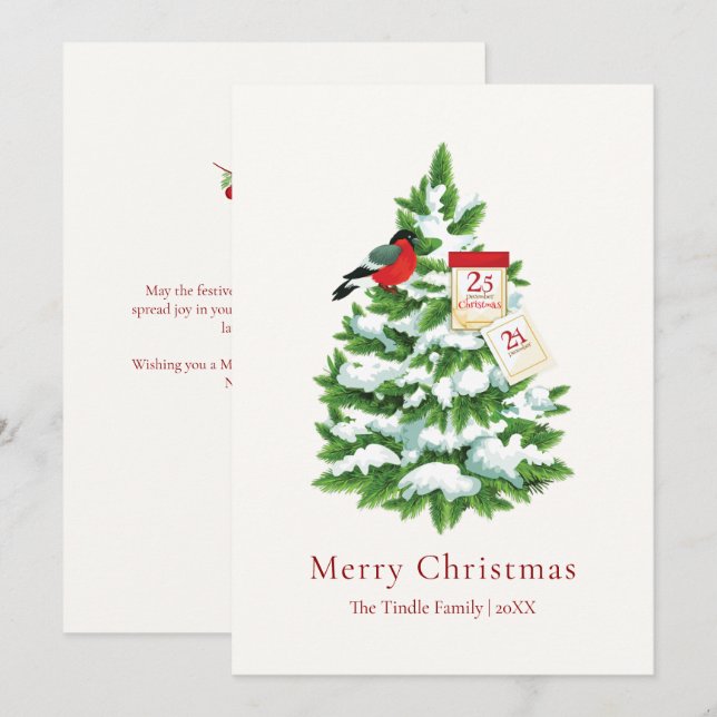 Tarjeta Festiva Elegant Red Bird Script Watercolor Christmas Tree (Anverso / Reverso)