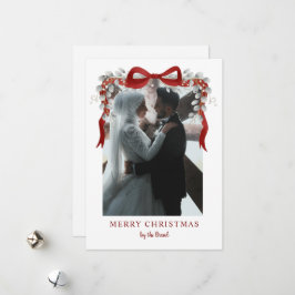 Tarjeta Festiva Elegant Red Bow and Eucalyptus Photo Christmas Ar