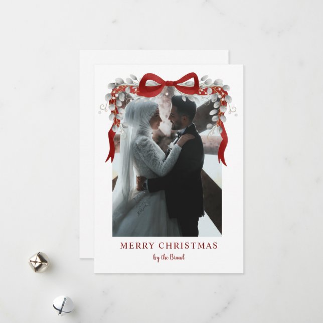 Tarjeta Festiva Elegant Red Bow and Eucalyptus Photo Christmas Ar (Anverso/Reverso In Situ)