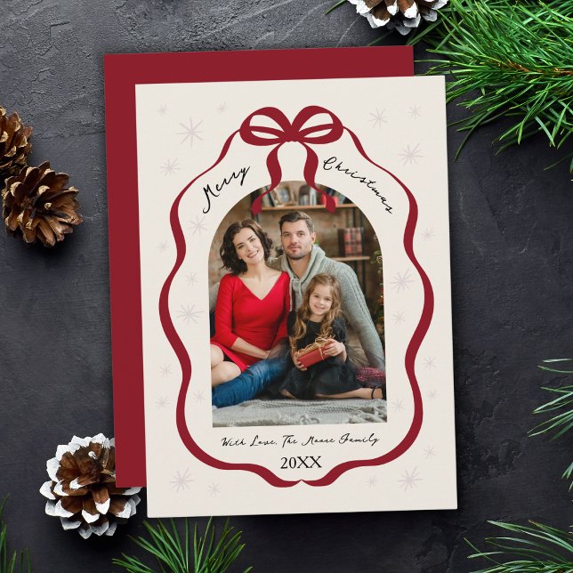 Tarjeta Festiva Elegant Red Bow Frame Custom Arch Photo Christmas (Elegant Red Bow Frame Custom Arch Photo Christmas Holiday Card
)