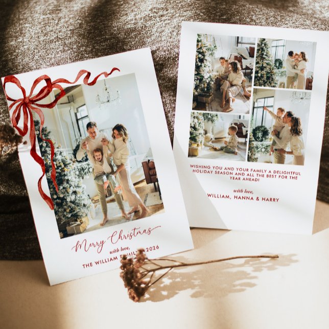 Tarjeta Festiva Elegant Red Bow Merry Christmas Photo (Subido por el creador)