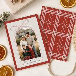 Tarjeta Festiva Elegant Red Bow Plaid Family Arch Photo Christmas
