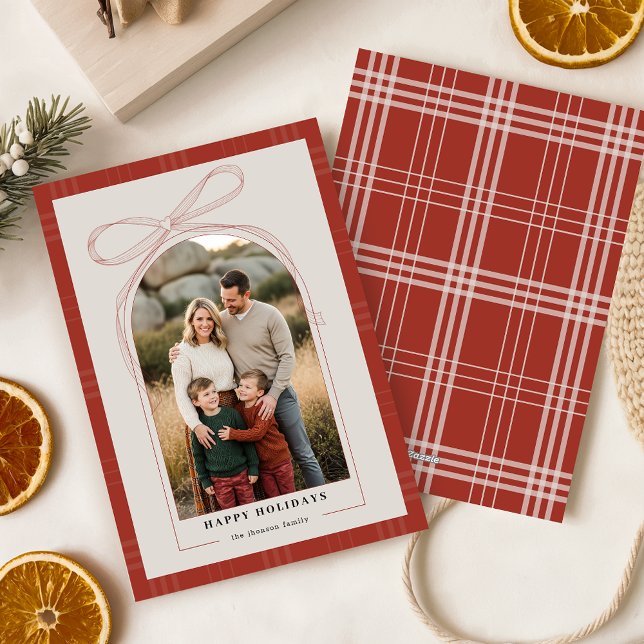 Tarjeta Festiva Elegant Red Bow Plaid Family Arch Photo Christmas (Subido por el creador)