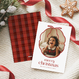 Tarjeta Festiva Elegant Red Bow Playful Kid Family Photo Christmas