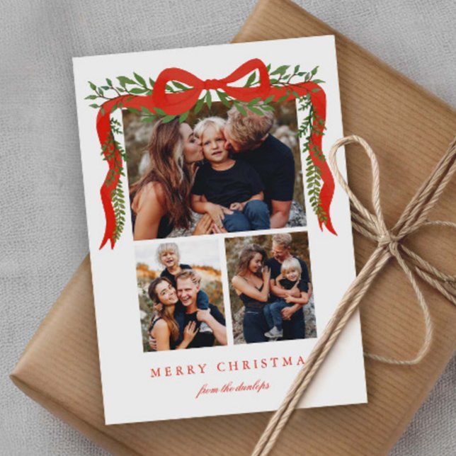 Tarjeta Festiva Elegant Red Bow with Greenery 3 Photo Christmas (Elegant Red Bow with Greenery 3 Photo Christmas Holiday Cards.)