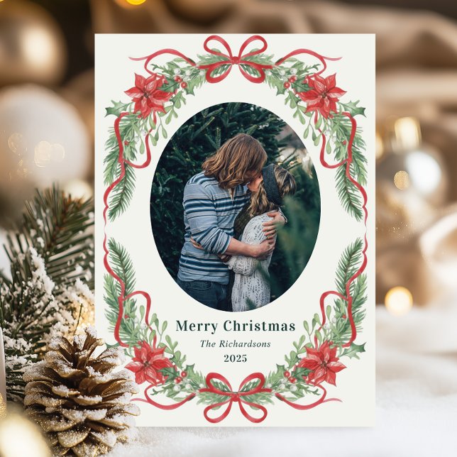 Tarjeta Festiva Elegant Red Bow Wreath Christmas Photo Card (Subido por el creador)