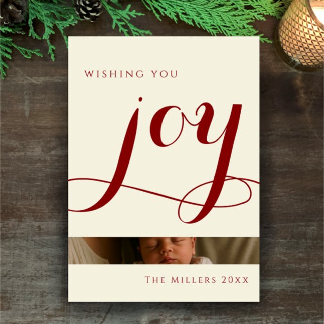 Tarjeta Festiva Elegant Red Calligraphy Joy Arch Photo Christmas (Elegant red calligraphy script “joy”. Simple modern Christmas photo card. Arch photo on back. )