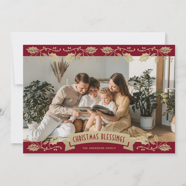 Tarjeta Festiva Elegant Red Gold Holly Berries Photo Christian (Anverso)