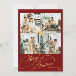 Tarjeta Festiva Elegant Red & Gold Merry Christmas Family Photo - 