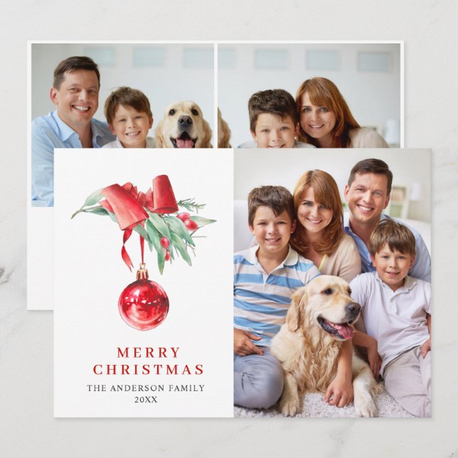 Tarjeta Festiva Elegant Red Ornament Christmas Greeting 3 PHOTO (Anverso / Reverso)
