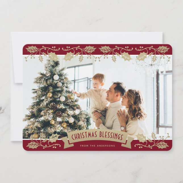 Tarjeta Festiva Elegant Red Photo Christmas Blessings Christian (Anverso)