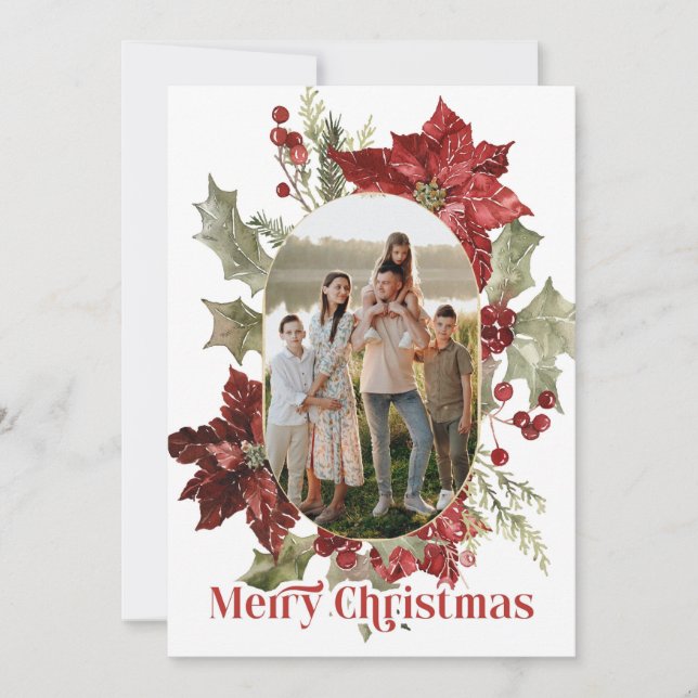 Tarjeta Festiva Elegant Red Poinsettia Holiday Photo Card (Anverso)