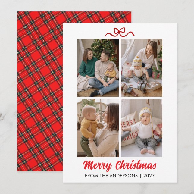 Tarjeta Festiva Elegant Red Script Merry Christmas 4 Photo Collage (Anverso / Reverso)