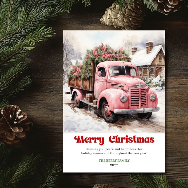 Tarjeta Festiva Elegant rustic Christmas scene pink truck greeting (Elegant rustic Christmas scene pink truck greeting Holiday Card)