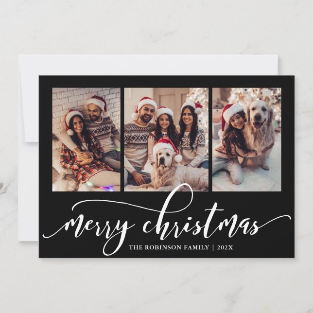 Tarjeta Festiva Elegant Script 3 Photo Collage Black Christmas  (Anverso)