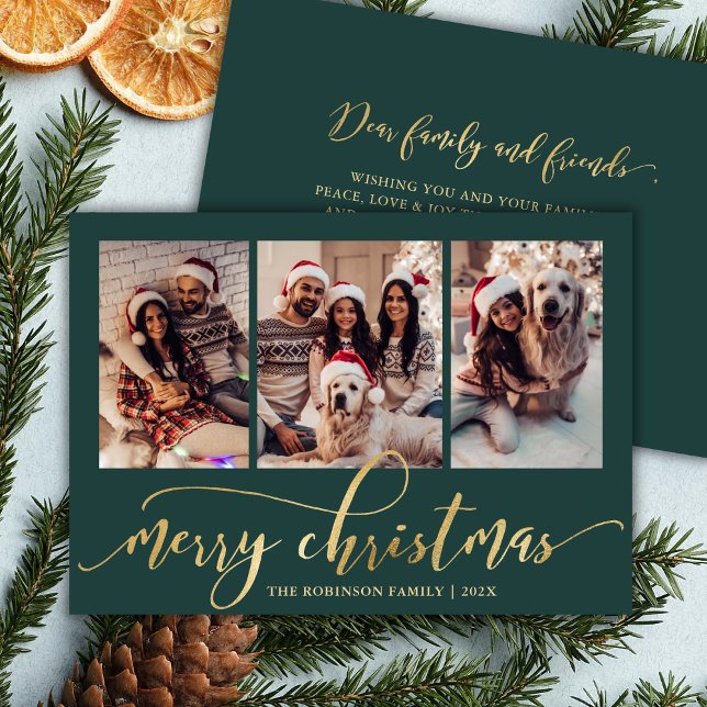 Tarjeta Festiva Elegant Script 3 Photo Collage Green Christmas (Subido por el creador)