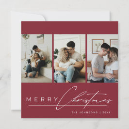 Tarjeta Festiva Elegant Script 3 Photo Collage Red Merry Christmas