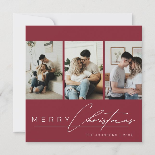 Tarjeta Festiva Elegant Script 3 Photo Collage Red Merry Christmas (Anverso)