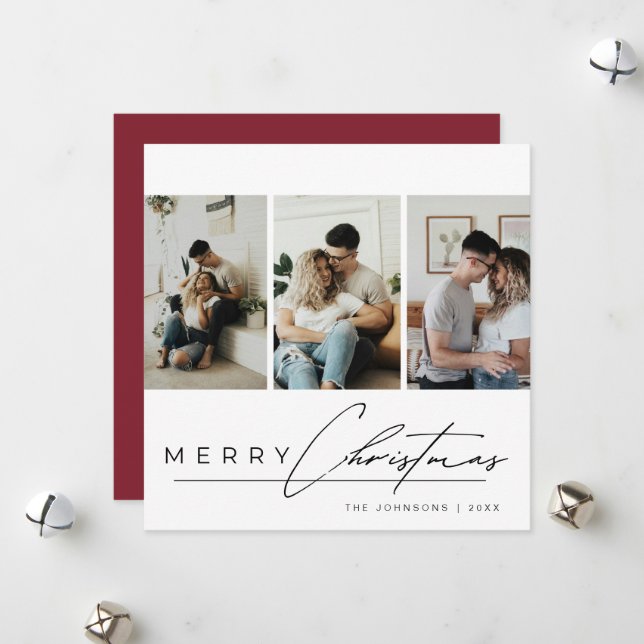 Tarjeta Festiva Elegant Script 3 Photo Collage Red Merry Christmas (Anverso/Reverso In Situ)