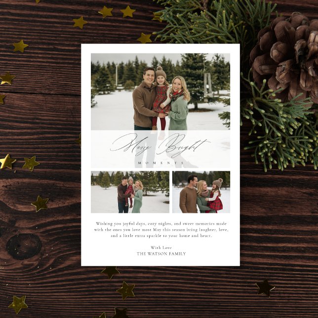 Tarjeta Festiva  Elegant Script 3 Photo Merry Bright Moments (Subido por el creador)