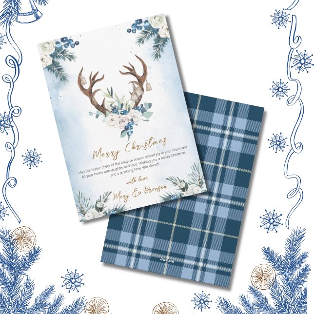 Tarjeta Festiva Elegant Script Blue Non Photo Watercolor Reindeer (Farmhouse Reindeer Blue Floral Christmas Card)