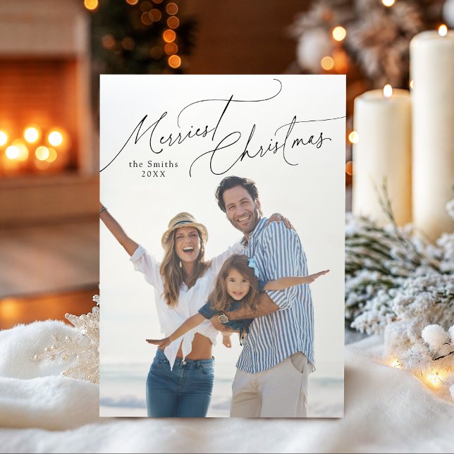 Tarjeta Festiva Elegant Script Merry Christmas Family Photo (Elegant Script Merry Christmas Family Photo Holiday Card)