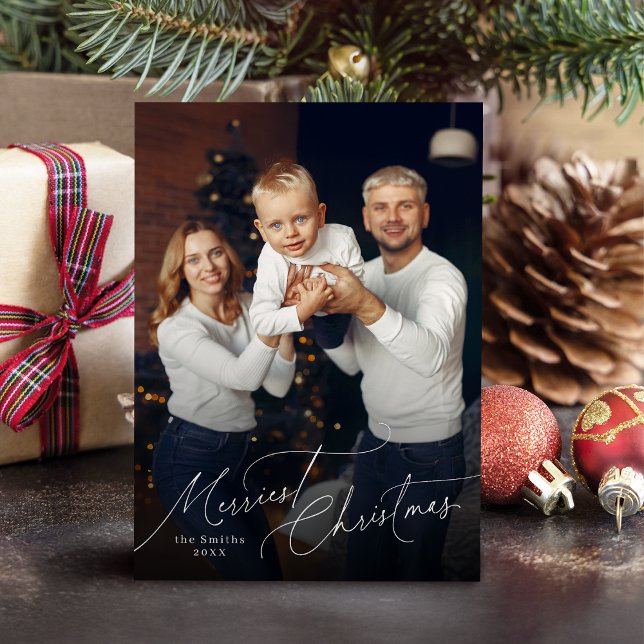 Tarjeta Festiva Elegant Script Merry Christmas Family Photo (Elegant Script Merry Christmas Family Photo Holiday Card)