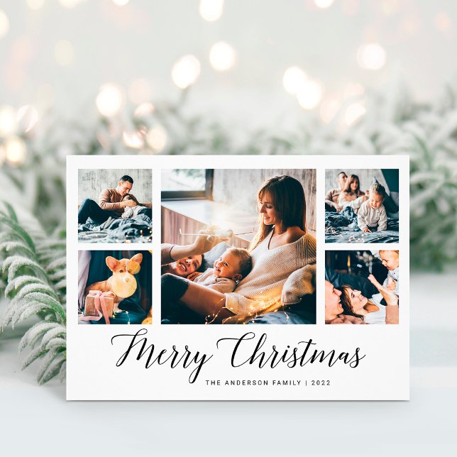 Tarjeta Festiva Elegant Script Multi Photo Grid | Merry Christmas (Subido por el creador)