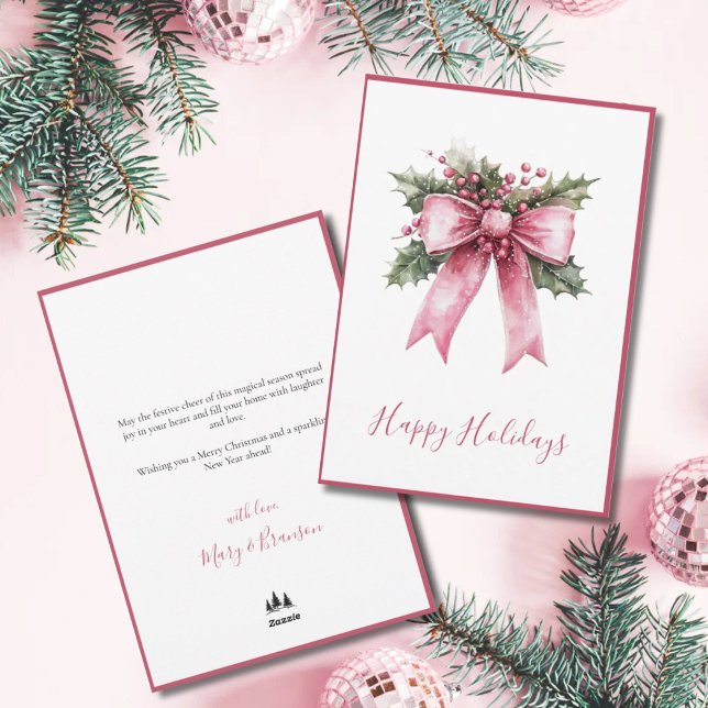 Tarjeta Festiva Elegant Script Pink Non Photo Watercolor Christmas (Happy Holidays Non Photo Christmas Card)